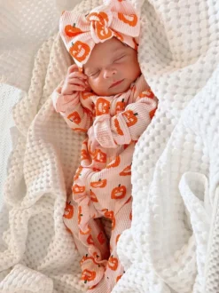 Organic Waffle Knot Bow, Blush Jack-O-Lantern