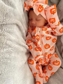 Organic Waffle Knot Bow, Blush Jack-O-Lantern