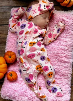 Organic Waffle Knot Bow, Candy Skulls Pink