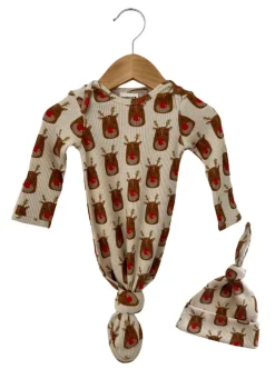Organic Waffle Knotted Gown & Hat Set, Reindeer