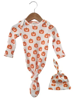 Organic Waffle Knotted Gown & Hat Set, Jack-O-Lantern