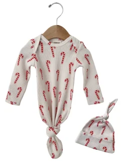 Organic Waffle Knotted Gown & Hat Set, Candy Cane