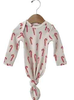 Organic Waffle Knotted Gown & Hat Set, Candy Cane