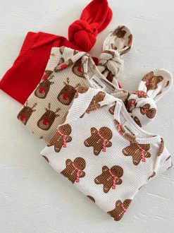 Organic Waffle Knotted Gown & Hat Set, Gingerbread Man