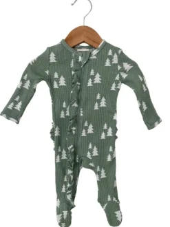 Organic Waffle Ruffle Zip Footie, Alpine Trees