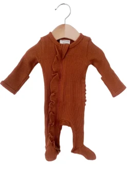 Organic Waffle Ruffle Zip Footie, Caramel