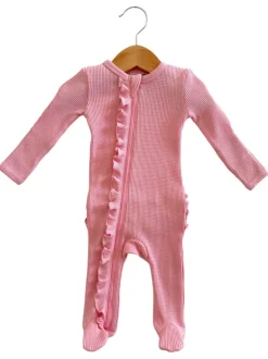 Organic Waffle Ruffle Zip Footie, Pink