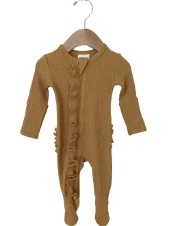 Organic Waffle Ruffle Zip Footie, Honey
