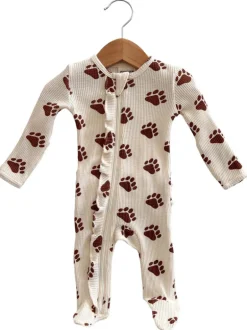 Organic Waffle Ruffle Zip Footie, Bear Paw