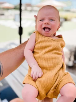 Organic Waffle Shortie Romper, Honey