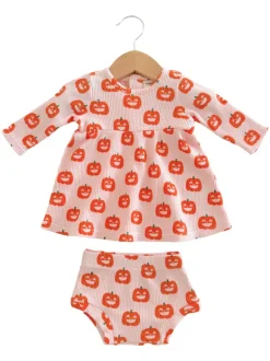 Organic Waffle Simple Dress & Bloomer, Blush Jack-O-Lantern