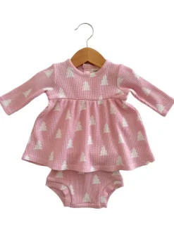 Organic Waffle Simple Dress & Bloomer, Pink Christmas Trees