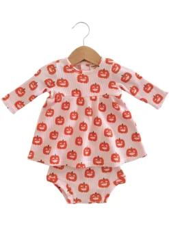 Organic Waffle Simple Dress & Bloomer, Blush Jack-O-Lantern