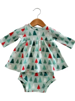 Organic Waffle Simple Dress & Bloomer, Festive Firs