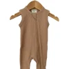 Organic Waffle Sleeveless Zip Romper, Tan
