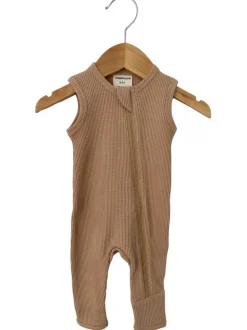 Organic Waffle Sleeveless Zip Romper, Tan