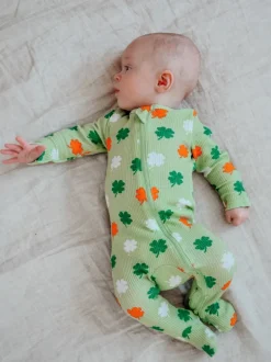 Organic Waffle 2-Way Zip Footie, Green Clover
