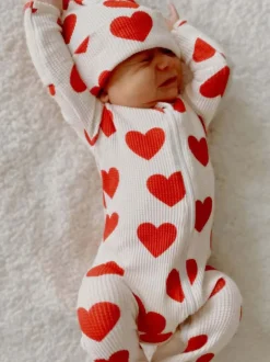 Organic Waffle 2-Way Zip Footie, Red Heart