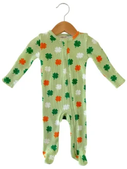 Organic Waffle 2-Way Zip Footie, Green Clover