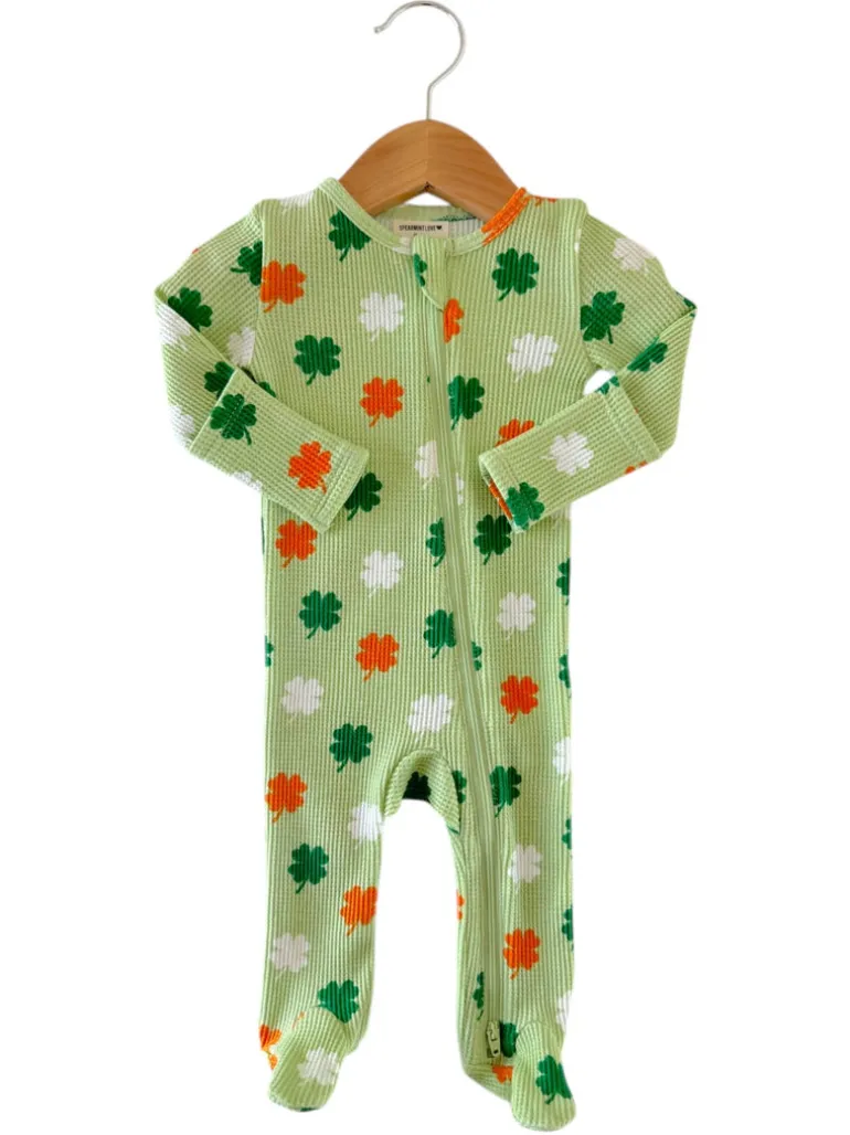Organic Waffle 2-Way Zip Footie, Green Clover