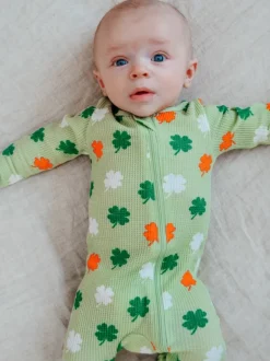 Organic Waffle 2-Way Zip Footie, Green Clover