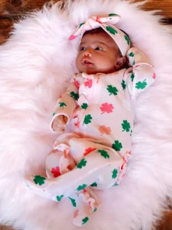 Organic Waffle 2-Way Zip Ruffle Footie, Pink Clover