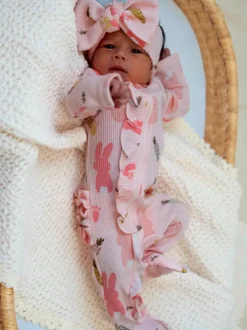 Organic Waffle 2-Way Zip Ruffle Footie, Cottontail Pink