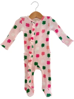 Organic Waffle 2-Way Zip Ruffle Footie, Pink Clover