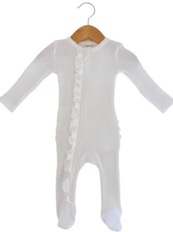 Organic Waffle 2-Way Zip Ruffle Footie, Lucent White