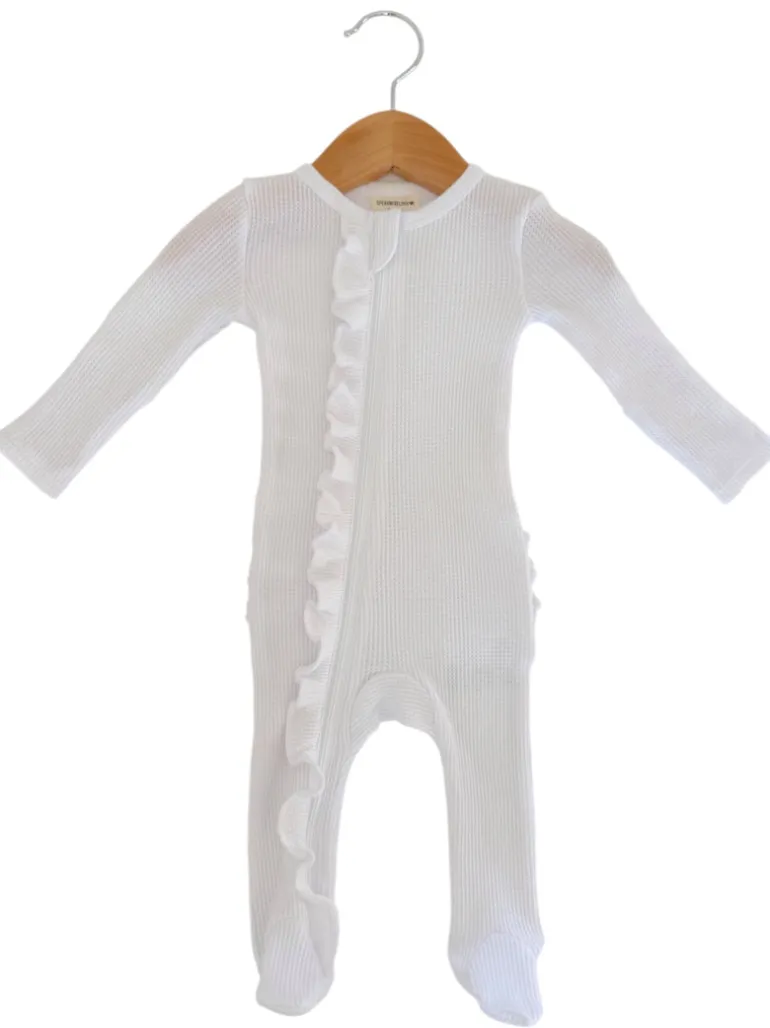 Organic Waffle 2-Way Zip Ruffle Footie, Lucent White
