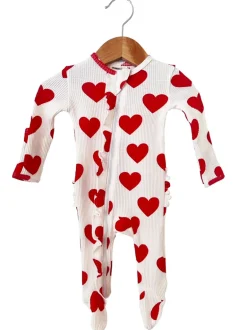 Organic Waffle 2-Way Zip Ruffle Footie, Red Heart