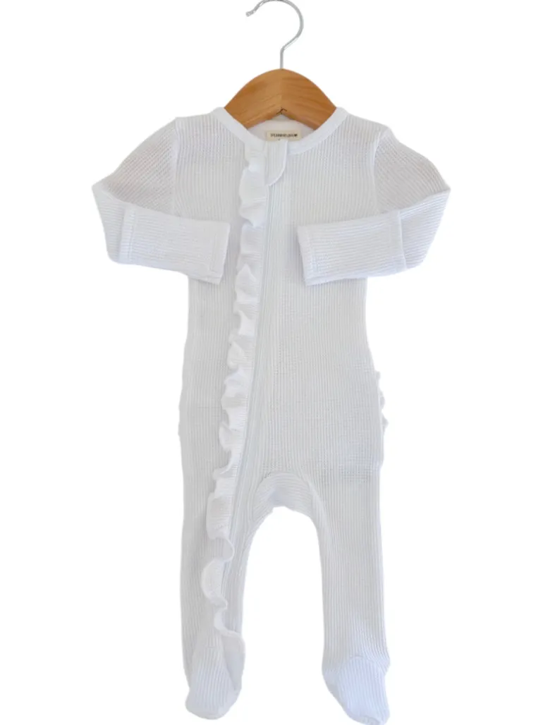 Organic Waffle 2-Way Zip Ruffle Footie, Lucent White