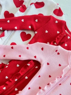 Organic Waffle 2-Way Zip Ruffle Footie, Red Heart