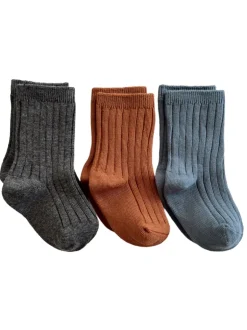 3-Pack Basic Ribbed Socks, Charcoal, Cinnamon, Blue