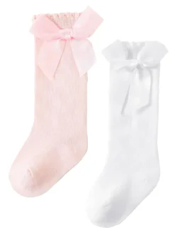 2-Pack Bow Socks, Pink & White