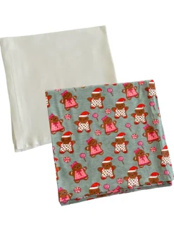 2-Pack Stretch Swaddles, Gingerbread Friends Green/ Cloud White