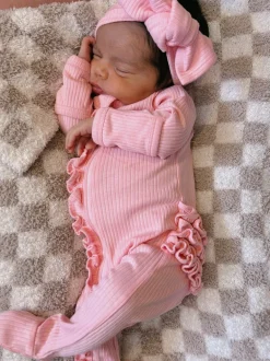 Pink / Organic Ribbed Frill Zip Footie
