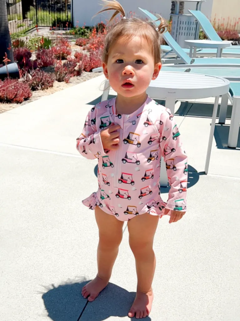 Pink Golf Cart / Skipper Rashguard Swimsuit / UPF 50+
