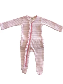 Pink Stripe / Organic Ribbed Frill Zip Footie