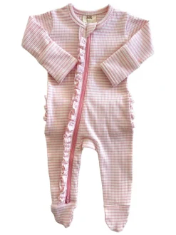 Pink Stripe / Organic Ribbed Frill Zip Footie