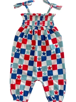 Red, White & Blue Checkerboard / Organic Smocked Jumpsuit