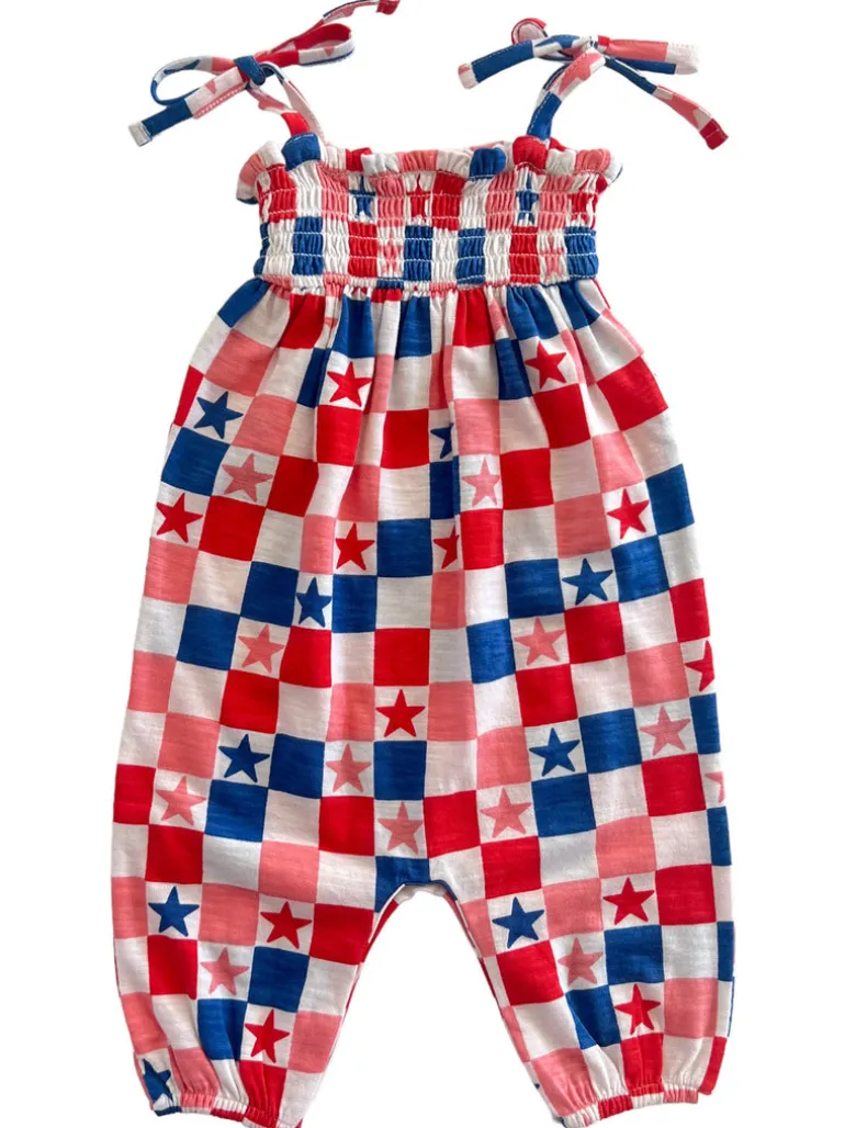 Red, White, Blue & Pink Checkerboard / Organic Smocked Jumpsuit