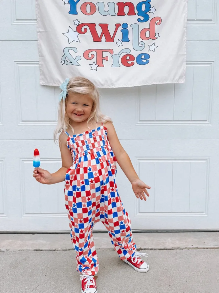 Red, White, Blue & Pink Checkerboard / Organic Smocked Jumpsuit
