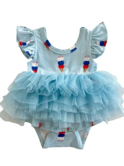 Ruffle Sleeve Tutu Bodysuit, Blue Ice Cream
