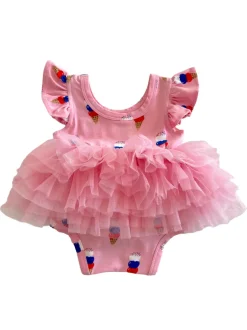 Ruffle Sleeve Tutu Bodysuit, Pink Ice Cream