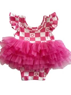 Ruffle Sleeve Tutu Bodysuit, Pink Flower Checkerboard