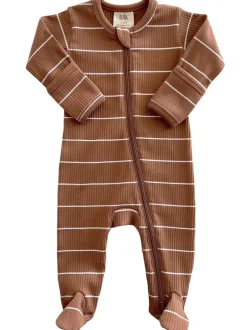 Saddle Stripe / Organic Ribbed Zip Footie