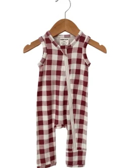 Sleeveless Zip Romper, Mulberry Plaid