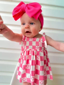 Smocked Set, Pink Flower Checkerboard