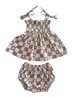 Smocked Set, Tan Sun Checkerboard